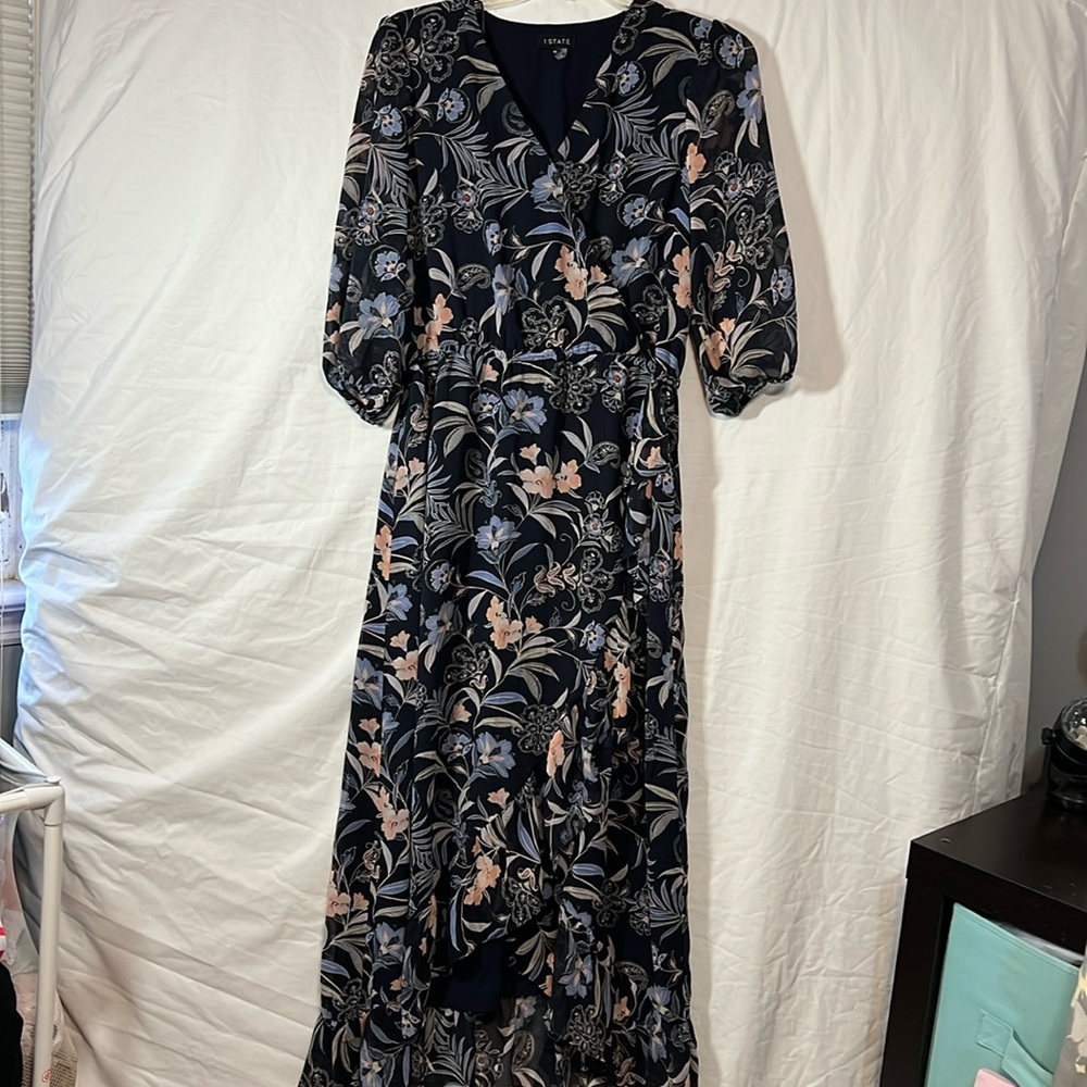 1. STATE Floral 3/4 Sleeve Faux Wrap Maxi Dress- Blue Peach Cream